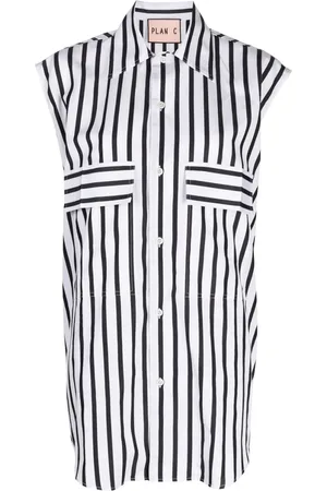 Plan C Cap-sleeve striped cotton shirt