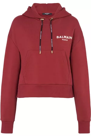 Balmain Flocked-logo cropped hoodie