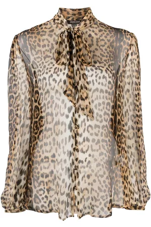 Roberto Cavalli Women Blouses - Leopard-print sheer pussybow blouse
