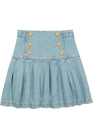 Balmain Girls Denim Skirts - Pleated denim skirt