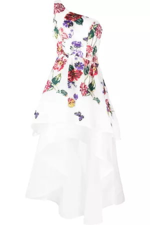 Marchesa Notte Women Party Dresses - Floral-embroidered one-shoulder tiered dress