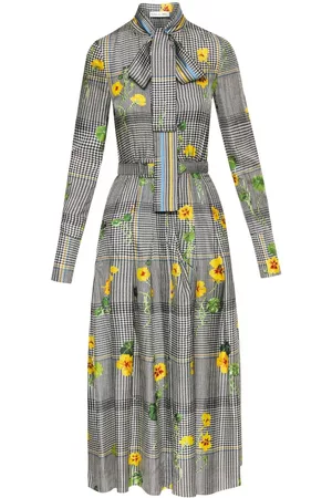 Oscar de la Renta Women Printed Dresses - Nasturtium houndstooth print pleated dress