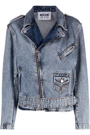 Moschino Crystal-embellished denim biker jacket