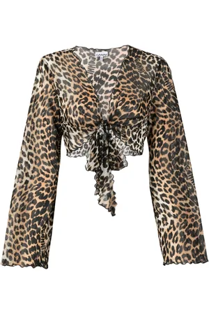 Ganni Leopard-print tie-front cropped blouse