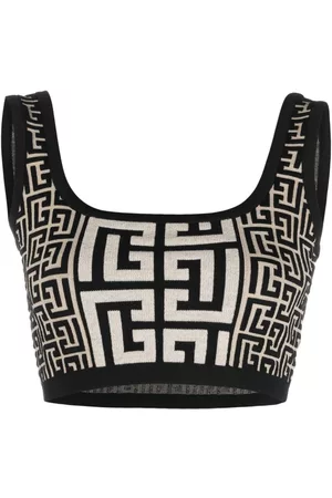 Balmain Monogram-jacquard cropped knit top