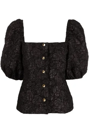 Ganni Floral-print jacquard fitted blouse