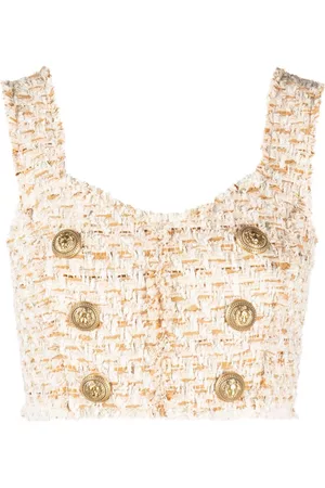 Balmain Button-embellished tweed cropped top