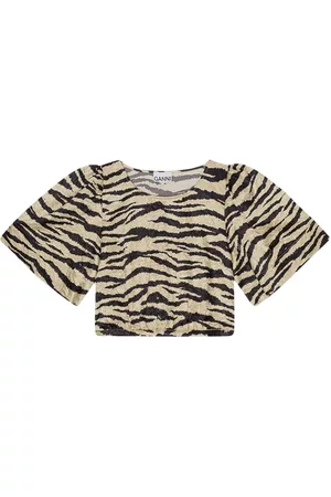 Ganni Zebra-print crinked cropped T-shirt