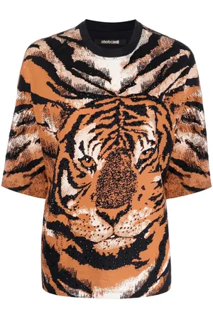 Roberto Cavalli Embellished tiger-print top