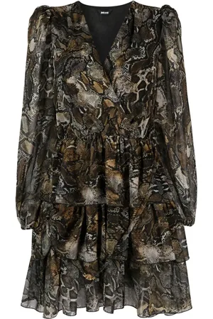 Roberto Cavalli Snakeskin-print ruffle-trim minidress