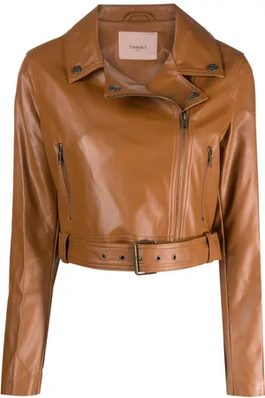 Marine Serre feather-trim cropped leather jacket - Brown