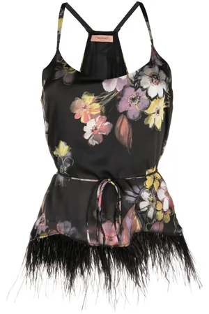 Twin-Set Floral-print feather-trim cami top