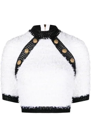 Balmain Button-embellished tweed crop top