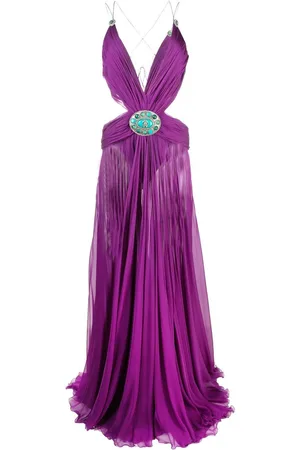 Roberto Cavalli Pleated silk V-neck gown