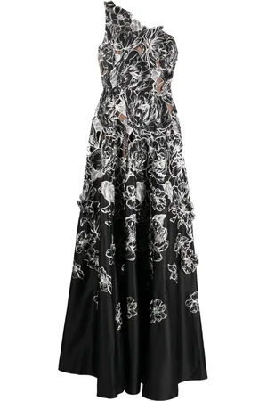 Marchesa Notte Floral-appliqué one-shoulder dress