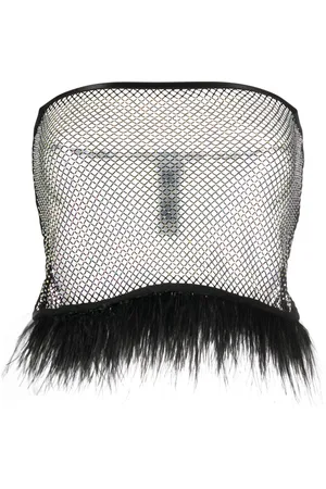 Patrizia Pepe Feather-trim rhinestone mesh top