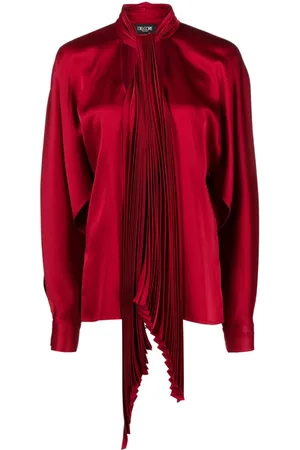 DEL CORE Pleated pussy-bow satin blouse