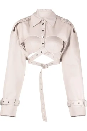 Rokh Crossover-strap belted cropped jacket