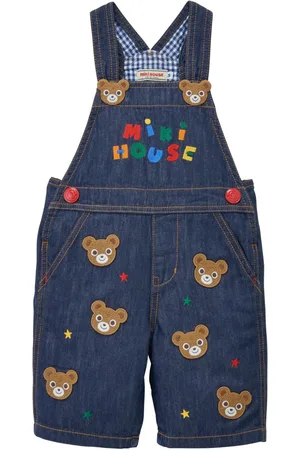 Miki House Bear-embroidered cotton overalls