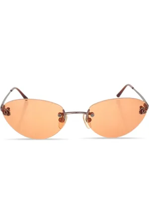 CHANEL Sunglasses Shield Visor Rimless Chain Leather Brown Gold