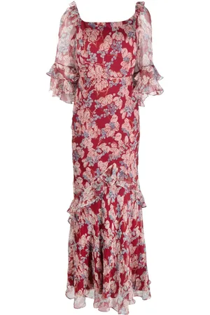 SALONI Floral-print silk long dress