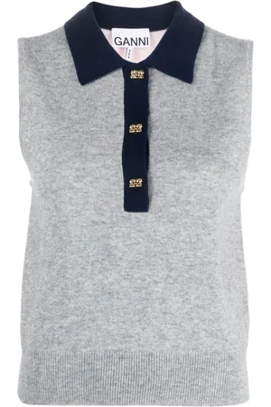 Ganni Polo-collar sleeveless top