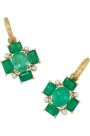 Irene Neuwirth 18kt yellow Gemmy Gem Mosaic emerald and Akoya pearl huggie earrings