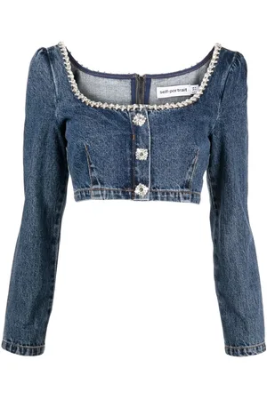 Self-Portrait Crystal-embellished cropped denim top