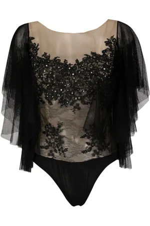 GEMY MAALOUF Tulle-sleeves lace body top