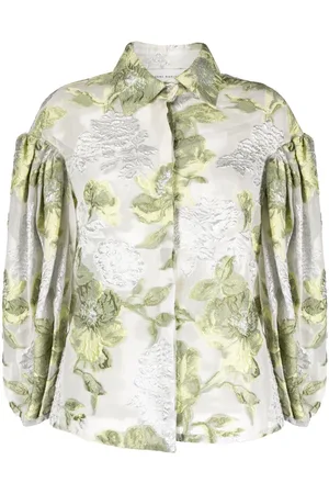 GEMY MAALOUF Floral-jacquard puff-sleeve organza blouse