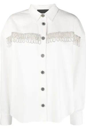 ROTATE Crystal-embellished fringed cotton shirt