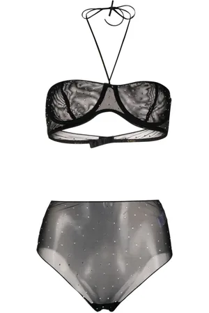 Embellished Padded Woman Black Pushup Bra Panty Lingerie Set, Size