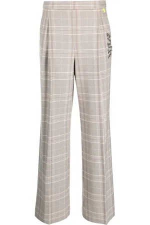 Twin-Set Plaid-check slogan-embroidered tailored trousers
