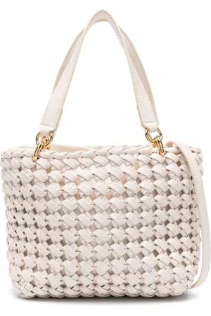 Palm Bridge leather-trimmed suede and woven raffia shoulder bag