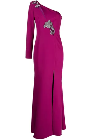 Marchesa Notte Floral-appliqué one-shoulder gown