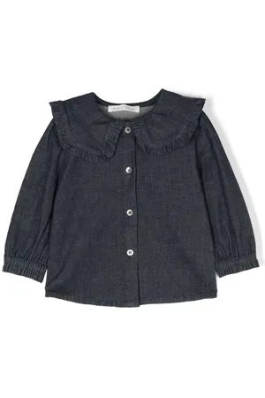 Zhoe & Tobiah Ruffled-trim washed denim blouse
