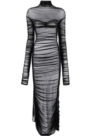 MUGLER Fishnet ruched sheer maxi dress