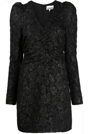 Ganni Floral-jacquard V-neck dress