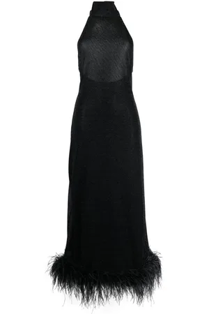 Oseree Halterneck feather-trim maxi dress