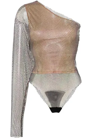 GENNY One-shoulder rhinestone-embellished bodysuit