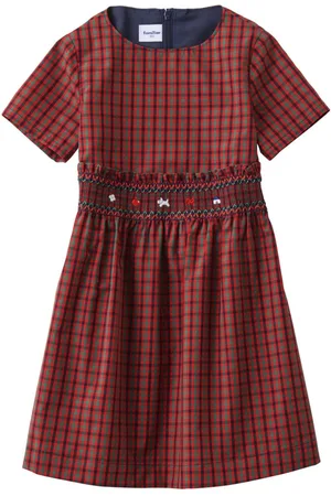 Familiar Checked smocking-detail midi dress