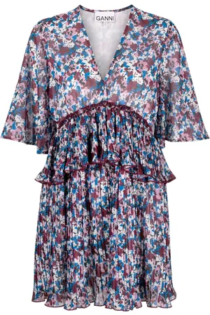 Ganni Pleated floral-print minidress