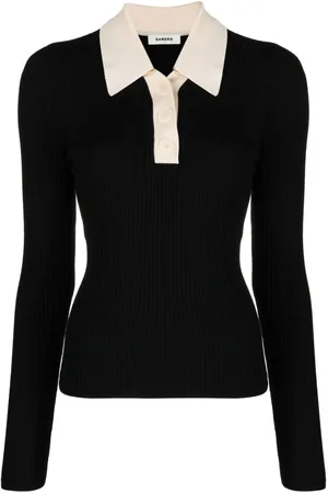 Sandro Ribbed-knit contrasting-panel polo jumper