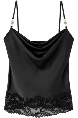 Women Black Guipere Lace Trim Satin Cami Top