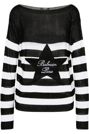 Balmain logo-patch striped jumper - White