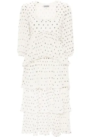 Ganni Monogram-print pleated midi dress