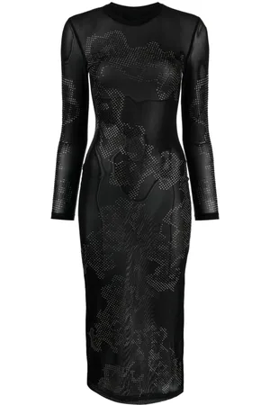 Claudine Midi Dress - Bodycon Long Sleeve Contrast Stitch Dress in Black
