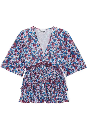 Ganni Floral-print V-neck pleated blouse
