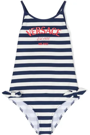 VERSACE Logo-print striped swimsuit