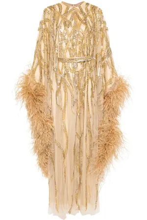 Dina Melwani Feather-trim beaded gown